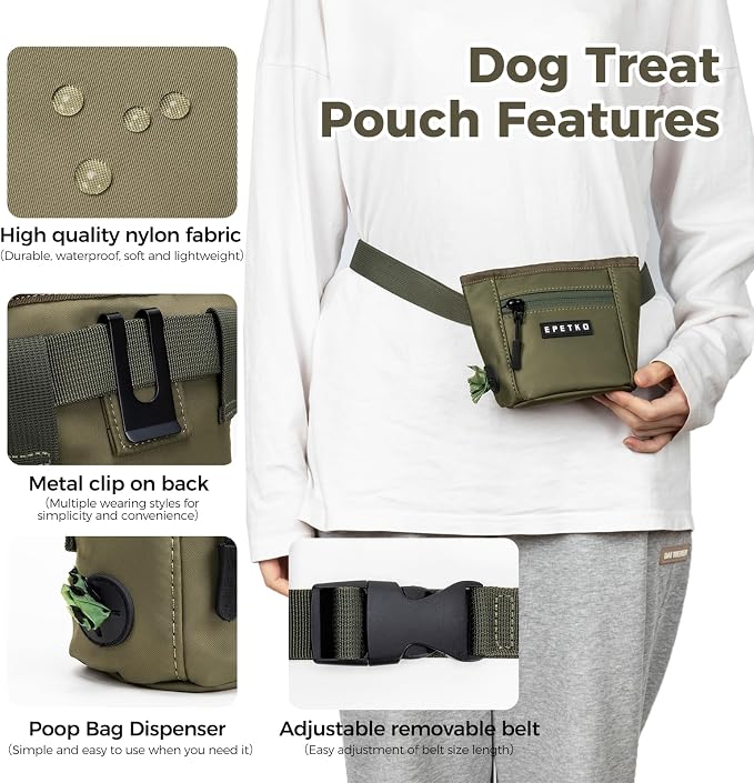Dog Treat Pouch, Powerful Magnet Closure Device Dog Training Treat Bag Large Capacity Pet Treat Pouch with Poop Bag Dispenser Treat Bag for Dog Training with Metal Waistband Clip (Green)