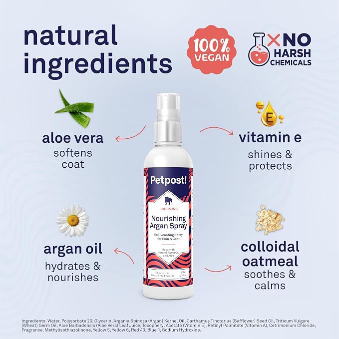 Petpost | Waterless Argan Oil Dog Shampoo Spray. Rinse-Free Cleaner & Deodorizer with Aloe & Safflower Oil. Moisturizes Skin & Softens Coat. 8 oz