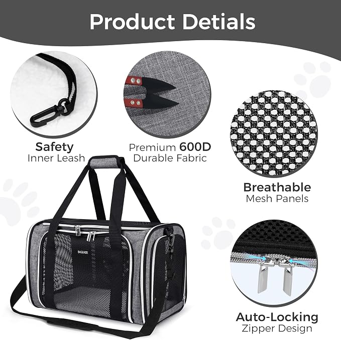 BAGLHER Pet Travel Carrier, Cat Carriers Dog Carrier for Small Medium Cats Dogs Puppies, Airline Approved Small Dog Carrier Soft Sided, Collapsible Puppy Carrier. Grey