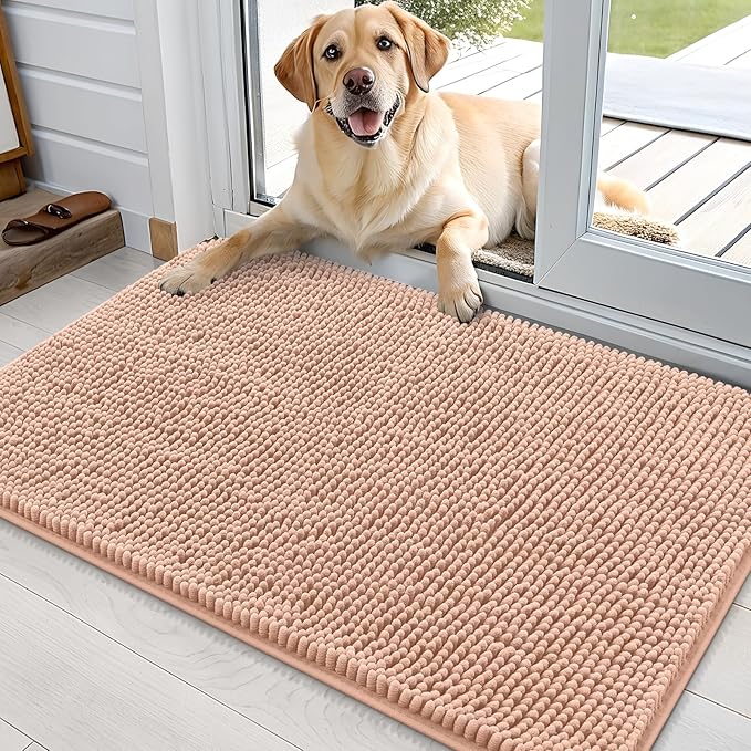 OLANLY Dog Door Mat for Muddy Paws 35x24, Super Absorbent Chenille Mud Mat | Peach, Absorbs Moisture and Dirt, Non-Slip Machine Washable Doormat, Quick-Drying Indoor Entryway Floor Carpet for Dogs
