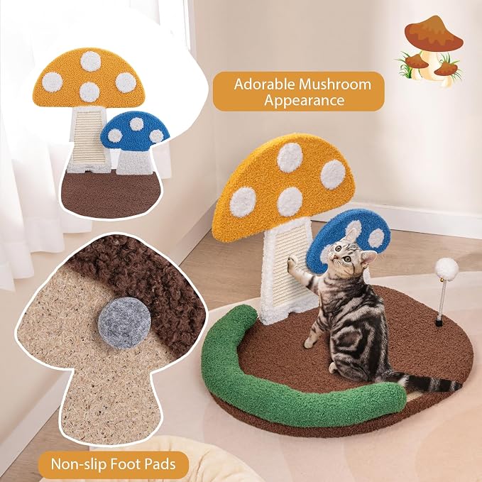 PETSITE Mushroom Cat Tree for Indoor Cats, Modern Small Cute Cat Tree with Natural Sisal Scratching Board, and Teasing Spring Ball (17 Inches Tall)