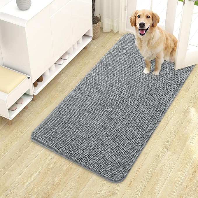 OLANLY Dog Door Mat for Muddy Paws 40x24, Super Absorbent Chenille Mud Mat | Grey, Absorbs Moisture and Dirt, Non-Slip Machine Washable Doormat, Quick-Drying Indoor Entryway Floor Carpet for Dogs