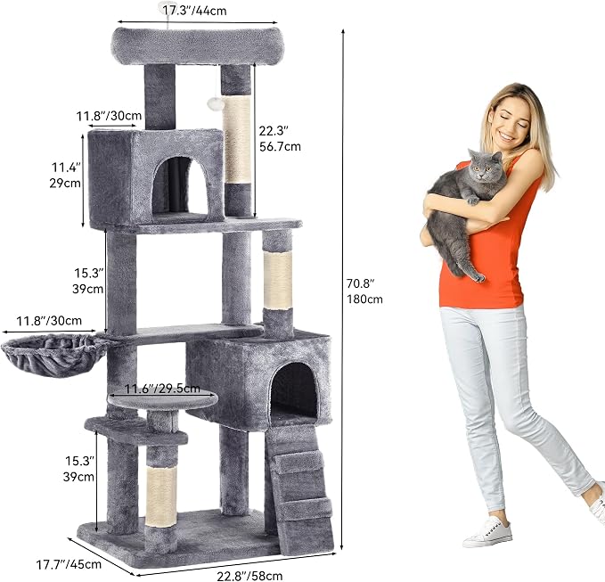 YITAHOME 70.8in Cat Tree Tower for Indoor Cats, Multi-Level Cat Furniture with Scratching Posts,Cat Window Padded Plush Perch,Cozy Basket,Ladder and Funny Toys for Kittens Pet Play House,Light Gray