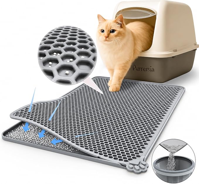 Silicone Cat Litter Mat 24x15" Double Layer Honeycomb Non-Slip | Food-Grade, Machine Washable, Anti-Crease, Claw-Proof, Raised Edges, 24 x 15‘’ Fits Standard Box, Soft on Paws