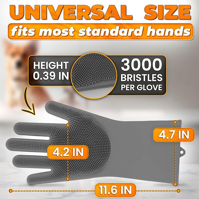 Cat and Dog Washing Gloves, 1 Pair, 11.6 in, Soft Silicone (Grey) | Dog Shampoo Gloves, Pet Bath & Grooming Mitt, 3000 Soft Bristles, Removes Loose Hair, Saves Shampoo, Massage, Wet or Dry