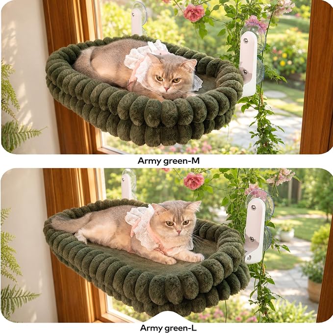 CHEERPALS Cat Window Perch for Indoor Cats Hammock for Window with Reversible Cushion, Foldable Cat Window Bed for Large Cats and Kittens, Cloud Series(Green,Medium)