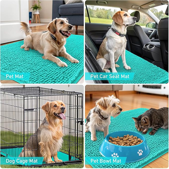 OLANLY Dog Door Mat for Muddy Paws 32x20, Super Absorbent Chenille Mud Mat | Teal, Absorbs Moisture and Dirt, Non-Slip Machine Washable Doormat, Quick-Drying Indoor Entryway Floor Carpet for Dogs
