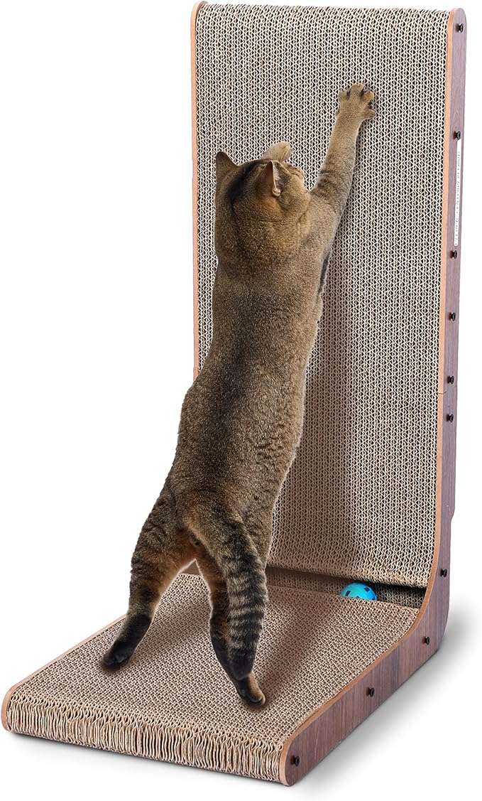 Fluffydream Cat Scratcher with Cat Toys Ball Track, Build-in Ball, L-Shaped Scratcher, Cardboard Lounge Bed, Stable and Durable, Furniture Protector, Reversible