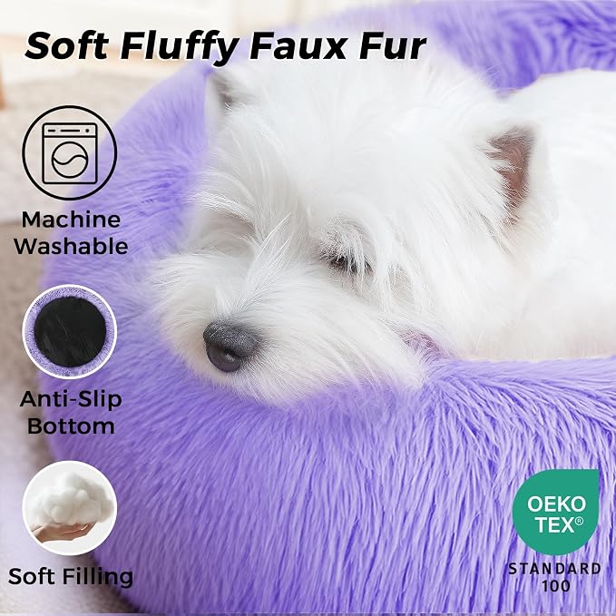 Calming Round Dog Bed & Cat Bed with Anti-Slip Bottom, Medium Size Washable Anti-Anxiety Donut Dog Beds for Small Dogs & Cats, Fluffy Plush Soft Dog Bed(24 Inch, Purple)
