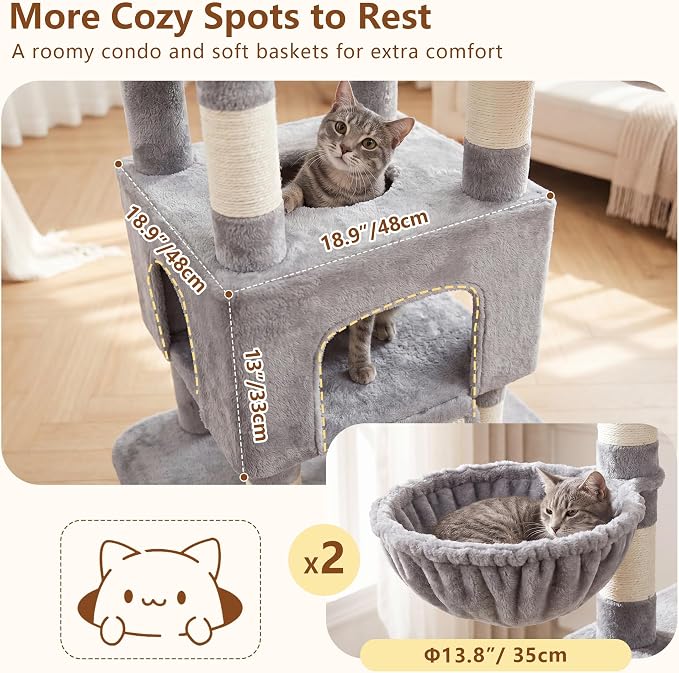 Heybly Cat Tree, 82.7″ Extra Tall Cat Tower for Large Cats Adult HCT063W | Giant Cat Condo with Multi-Level Platforms, 2 Baskets, Spacious Cat Cave, Wide Sisal Scratching Board, Light Gray