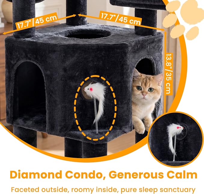 65" Cat Tree Tower, Anti-Tip Cat Condo for Indoor Cats VCT012G | Cat Furniture with Extra Wide Baseboard & Large Perch, 2 Hammocks, Cozy Condo, 7 Sisal Scratching Posts, Smoky Gray