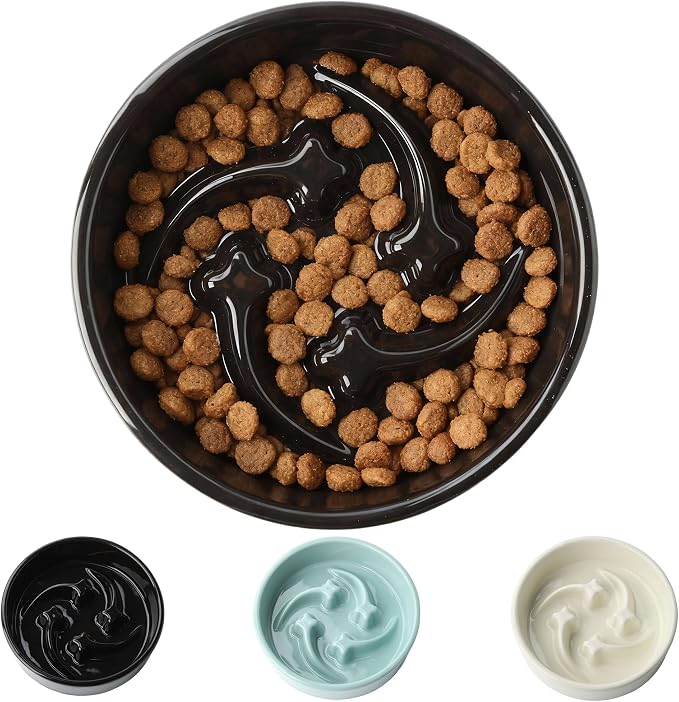 Ceramic Slow Feeder Dog Bowls Small Breed, 0.6 Cups Slow Eating Dog Bowl, Anti-Gulping Puppy Food Bowl Reduce Choking, Puzzle Maze Design Pet Dishes for Fast Eaters, 6.3 inch - Black