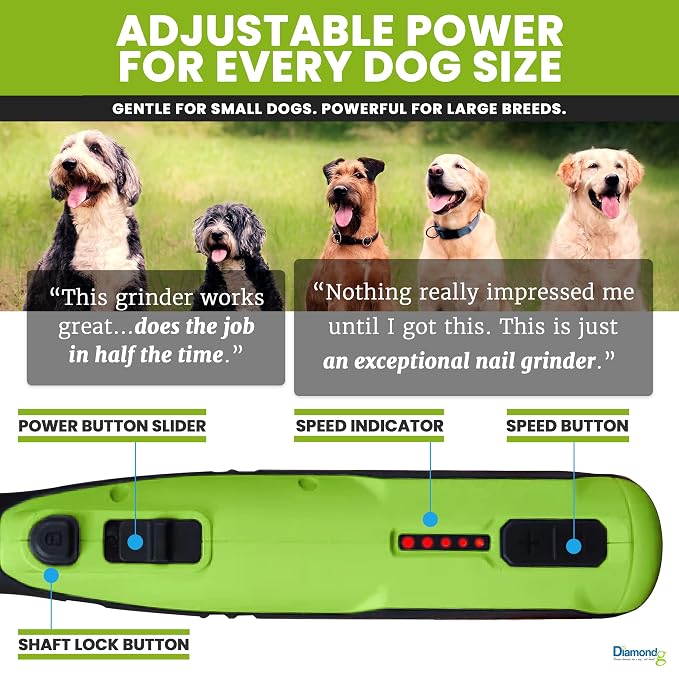 Diamondg Cordless Dog Nail Grinder - Quiet Sound with LED Light, Green | 5-Speed Rechargeable Pet Nail Trimmer for Small & Large Dogs, USB-C Charging, 4hrs. Runtime, Painless Dog Nail Grinding Kit