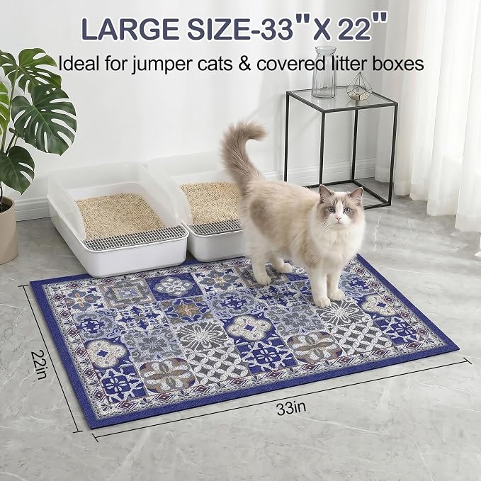 Glittme Cat Litter Mat, 33"x22" Non-Slip Washable Trapping Mat for Cats | Litter Trapping Mat With Thick PVC Coil To Catch Scatter, Soft On Paws And Waterproof Bottom To Protect Floors