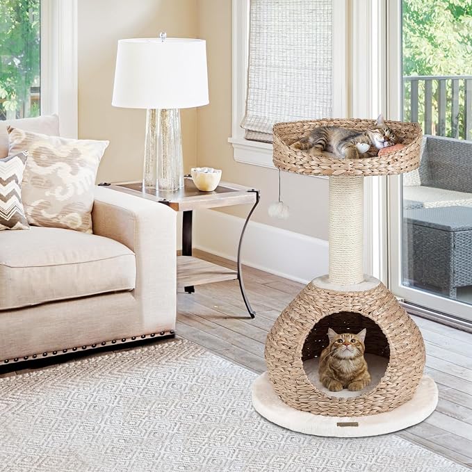 28-inch Modern Cat Tree, Small Cute Cat Tower Sisal Scratching Post, Hand-Made Wicker Condo and Top Perch, Interative Dangling Ball, Ideal for Indoor Cats