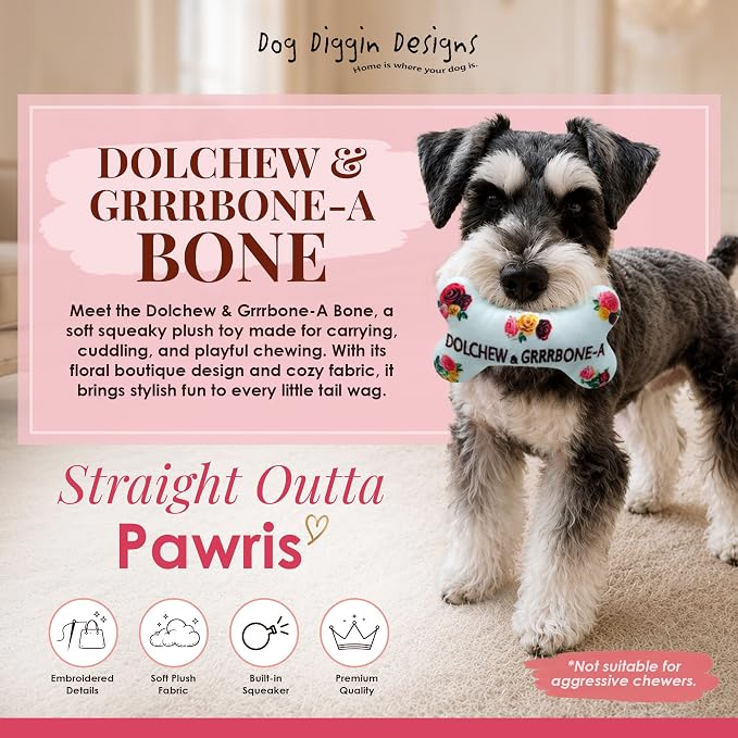 Dog Diggin Designs Dolchew & Grrrbone Plush Dog Toy Bone | Luxury-Inspired Parody Designer Bone with Squeaker, Soft Plush Chew & Play Dog Toy – Prêt-à-Porter Play!