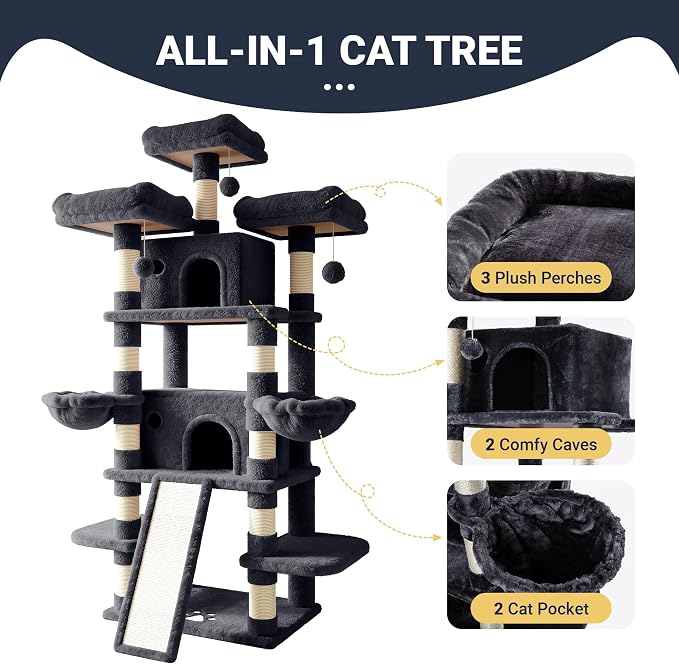Allewie 82 Inches Large Cat Tree/House/XXL Tall Cat Towers for Big Feline/Scratching Post/Multi-Level Large Kitty Climbing Tree with Condo/Smokey Grey