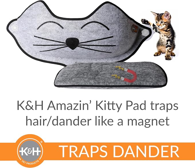 K&H Cat Window Perch Bed, EZ Mount Kitty Face, 27x11x6in, Gray | Sturdy Cat Window Hammock with Strong Suction Cups, Washable Sleeping Pad, Fits 30in W X 15in H Glass Spaces