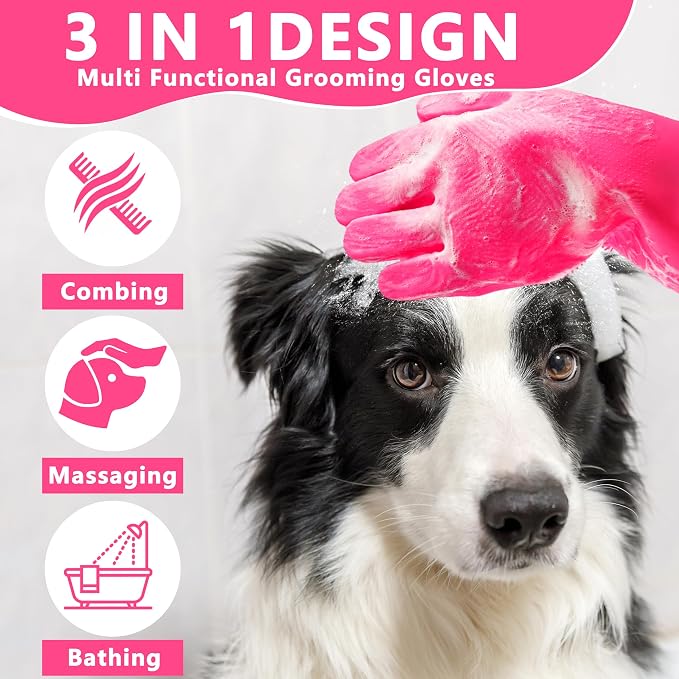 Pet Grooming Gloves—Dog Washing Gloves with High-Density Teeth, Dog Bath Scrubber with Enhanced Five Finger Design, Silicone Gloves for Dogs and Cats Bathing, Massage (Hot Pink)