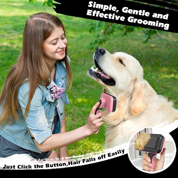 Professional 3PCS Self Cleaning Slicker Brush & Pet Grooming Rake & Flea Comb for Dogs,Cats and Horses | Double-Sided Dematting Comb & Skin Friendly Deshedding Grooming Tool (Light Pink)