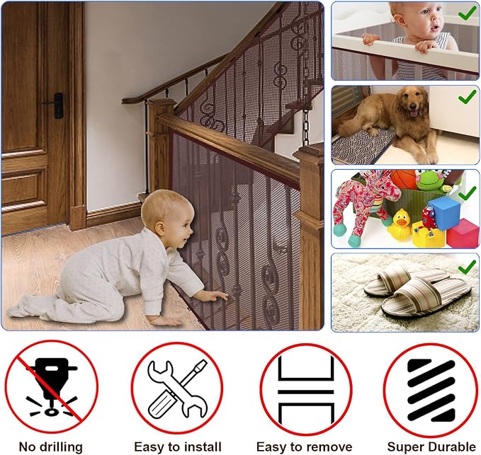 Baby Gate for Stairs, Banister Guard for Kids, Pets, Toys, 10ft L x 2.6 ft H, Mesh Netting Safety Net for Balcony Rail Stair, Stairway Net Baby Safety Products for Indoor & Outdoor (Brown)