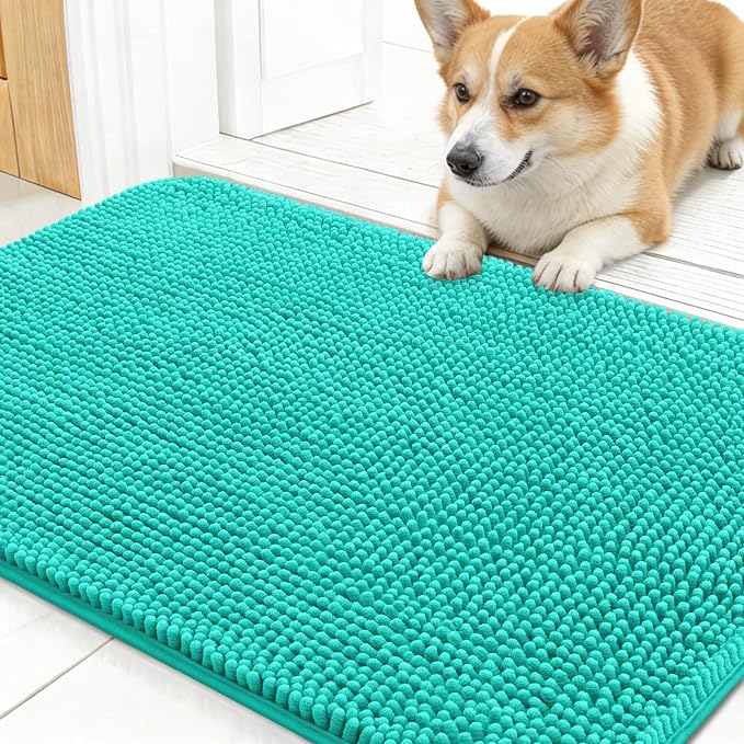 OLANLY Dog Door Mat for Muddy Paws 24x16, Super Absorbent Chenille Mud Mat | Teal, Absorbs Moisture and Dirt, Non-Slip Machine Washable Doormat, Quick-Drying Indoor Entryway Floor Carpet for Dogs