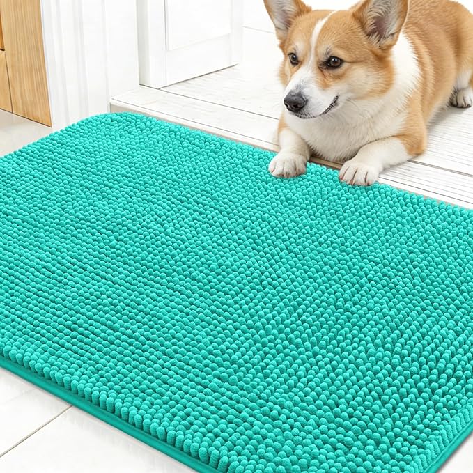OLANLY Dog Door Mat for Muddy Paws 30x17, Super Absorbent Chenille Mud Mat | Teal, Absorbs Moisture and Dirt, Non-Slip Machine Washable Doormat, Quick-Drying Indoor Entryway Floor Carpet for Dogs