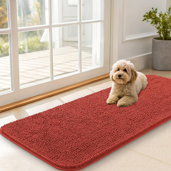 OLANLY Dog Door Mat for Muddy Paws 47x20, Super Absorbent Chenille Mud Mat | Maple Red, Absorbs Moisture and Dirt, Non-Slip Machine Washable Doormat, Quick-Drying Indoor Entryway Floor Carpet for Dogs