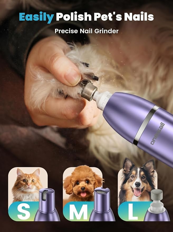 oneisall 4 in 1 Dog Grooming Kit with LCD Display Purple | Paw Hair Trimmer & Nail Grinder, Rechargeable, Cordless, Low Noise, IPX7 Waterproof, 3 Speeds Pet Grooming Clippers