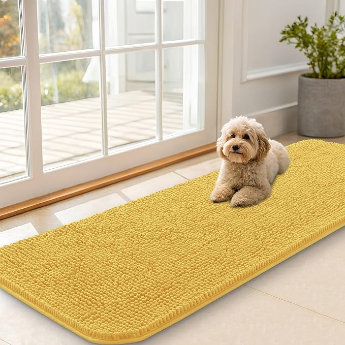 OLANLY Dog Door Mat for Muddy Paws 59x20, Super Absorbent Chenille Mud Mat | Yellow, Absorbs Moisture and Dirt, Non-Slip Machine Washable Doormat, Quick-Drying Indoor Entryway Floor Carpet for Dogs