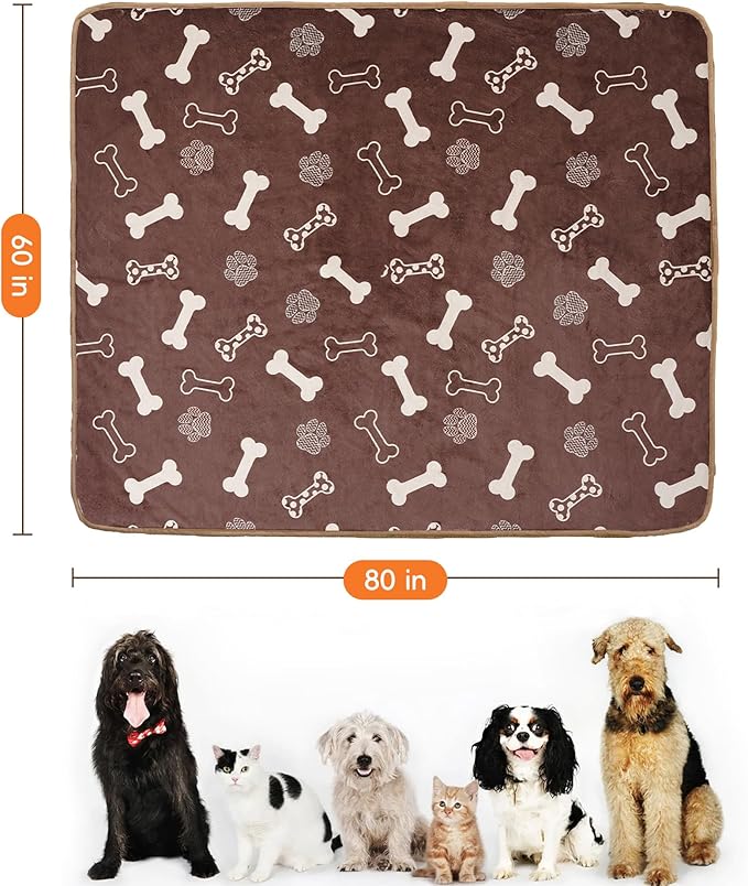 Waterproof Dog Blankets Pet Blanket 60"x80", Soft Fluffy Sofa Car Bed Protector, Reversible Sherpa Fleece Dog Blanket for Large Dogs(Chocolate Brown-Bones)