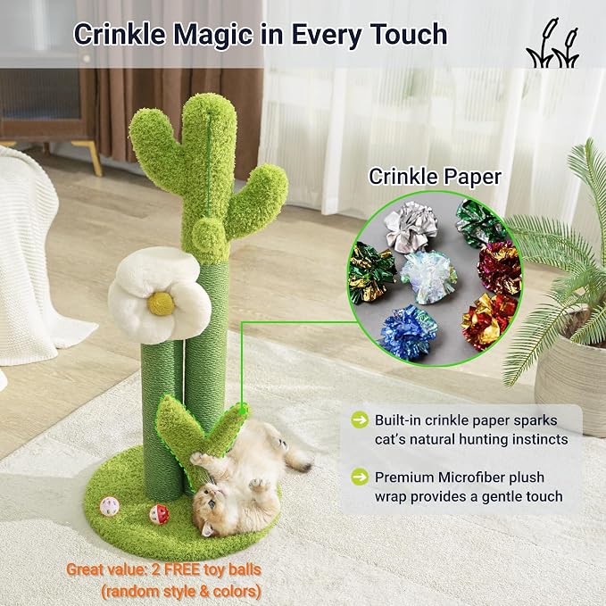 Happi N Pets 33" Tall Cactus Cat Scratching Post for Large Cats, Heavy Duty Double Scratch Posts with Flower & Crinkle Leaves, Cactus Cat Tree with 2 Bonus Toy & Catnip, Green Stable Scratching Post