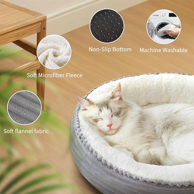 Zerbuger 23in Round Cat Dog Bed for Large Medium Small Dogs Cats, Machine Washable Sleeping Sofa, Non-Slip Bottom Breathable Soft Calming Pet Cuddler for Indoor/Outdoor/Car/Cage, Light Grey