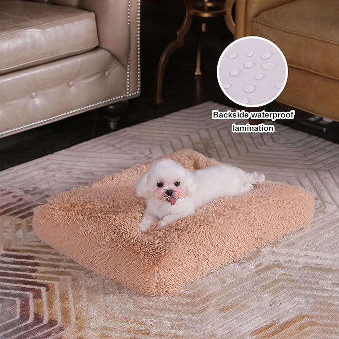 Bedfolks Plush Waterproof Dog Crate Bed, Removable Washable Cover, Faux Fur, Fluffy Kennel Bed 23"x18", Camel