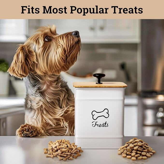 Dog Treat Container with Airtight Bamboo Lid, 5"W x 7"H, 7 Cup Capacity | Fits Most Popular Treats, 7 Cups Capacity, Airtight Bamboo Lid, Easy Open Metal Lid Handle, Dent-Resistant Durable Metal