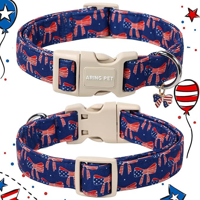 ARING PET 4th of July Collars for Dogs, Fourth of July Patriotic Bow Flag Red Blue Dog Collar for Puppy Small Medium Large Boy Girl Doggy-XS