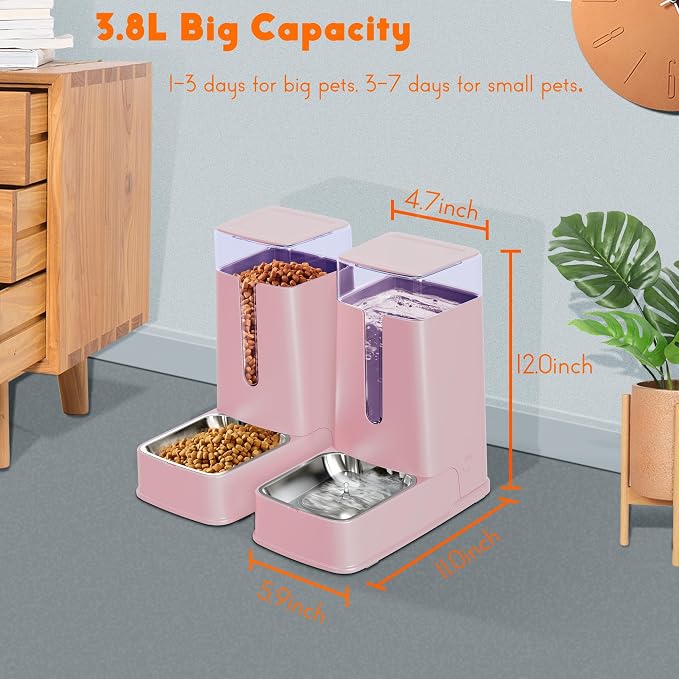 Cat Food Dispenser and Cat Water Dispenser Set with Stainless Steel Bowls Gravity Dog Feeder for Small Medium Big Cat Dog Pet Puppy Kitten, 1 Gallon x 2