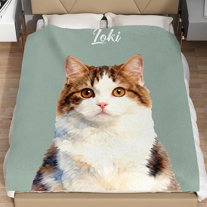 Custom Gifts for Cat Dad Mom Personalized Fleece Throw Blanket with Pet Portrait Picture & Name Cute Cozy Soft Warm Unique Gifts for Pets Lover (Watercolor Style)