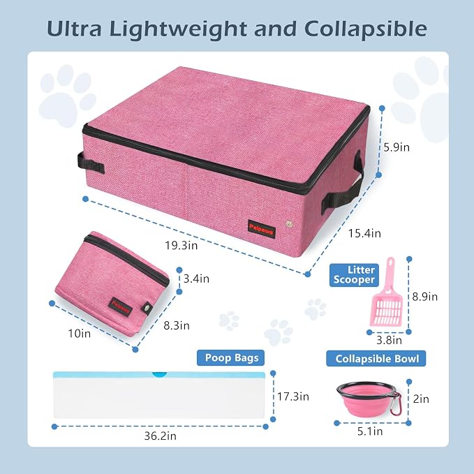 Portable Cat Travel Litter Box. Zipped Lid, Collapsible Litter Box for Cats. No Leakage, No Smell. Easy to Carry. Used for Hotels, Camping, Car (Pink,L)