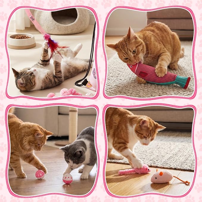 Leitee 101 Pcs Cat Interactive Toys Set with 1 Cat Paw Gift Storage Bags Feather Teaser Wand Springs Mice Fish Crinkle Balls Bell Balls Pillow, Puzzle Toys for Cats Gift Indoor (Pink)