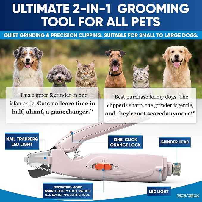 2-in-1 Dog & Cat Nail Clippers and Grinder with LED Light | Sharp Blade, Low-Noise Grinder, Safety Guard & USB Rechargeable Cordless Design for Small, Medium and Large Pets