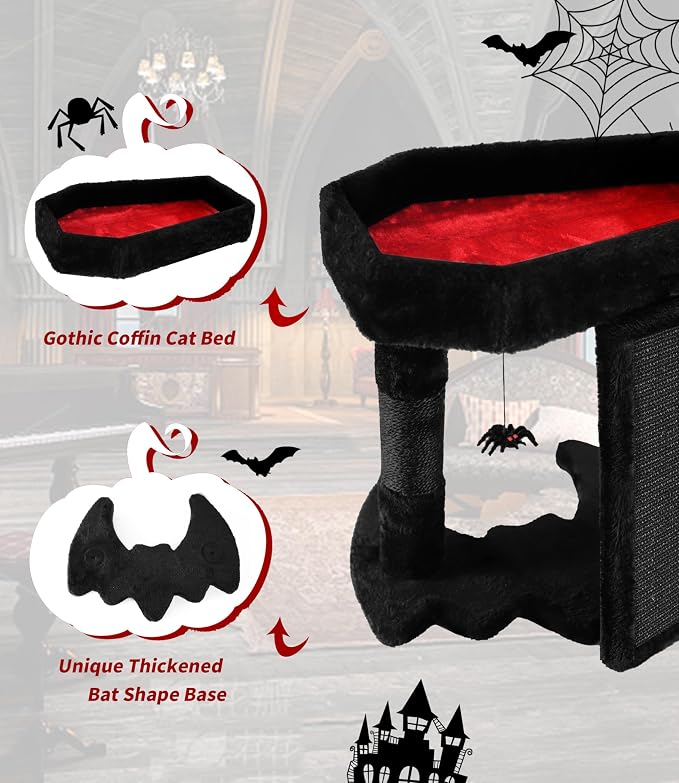 Gothic Cat Tree Tower with Coffin Cat Bed for Indoor Cats, Halloween Spooky Cat Scratcher,Goth Cat Tree with Sisal Scratchig Post and Spider Dangling Toys,Black with Red
