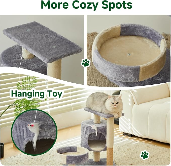 Cat Tree with Condo, Perch, and Scratching Posts, Gray and Beige, Multi-Level Tower with Hanging Toy
