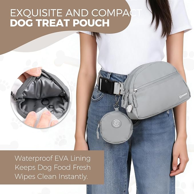 Dog Treat Pouch Pet Training Walking Fanny Pack with Built-in Poop Bag Dispenser & Waste Bag Holder | Stylish Puppy Training Essentials Supplies | Free Dog Clicker (Grey)
