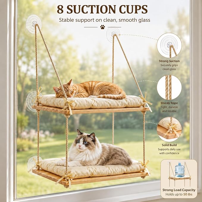 Cat Window Perch Wooden Cat Hammock Double Tier 8 Heavy-Duty Suction Cups | Dual-Tier, 50 LBS, Solid Pine Wood Platform, Washable Cushion, Tool-Free Installation, Space-Saving Comfort