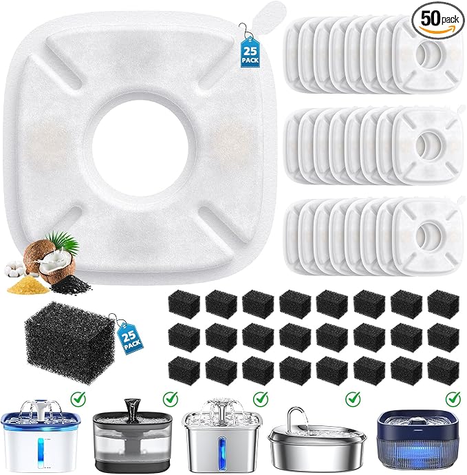 50 Pcs Cat Water Fountain Filters for Veken 95oz/2.8L, 67oz, 135oz Dog Water Fountain Automatic Pet Fountain Dog Water Dispenser 25Pcs Pet Fountain Filter Replacement & 25Pcs Pre-Filter Sponges