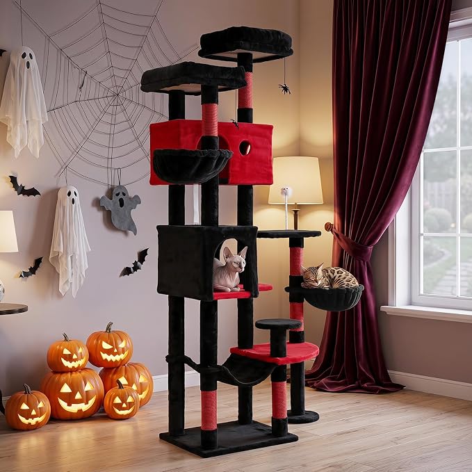 75-inch Gothic Cat Tree, Multi-Level Black Cat Tower | | Robust Scratching Posts | 2 Dual-Entry Comfy Cat Condo | Rotatable Side Baskets Bed | Spider-Shaped Hanging Toy | Hammock |