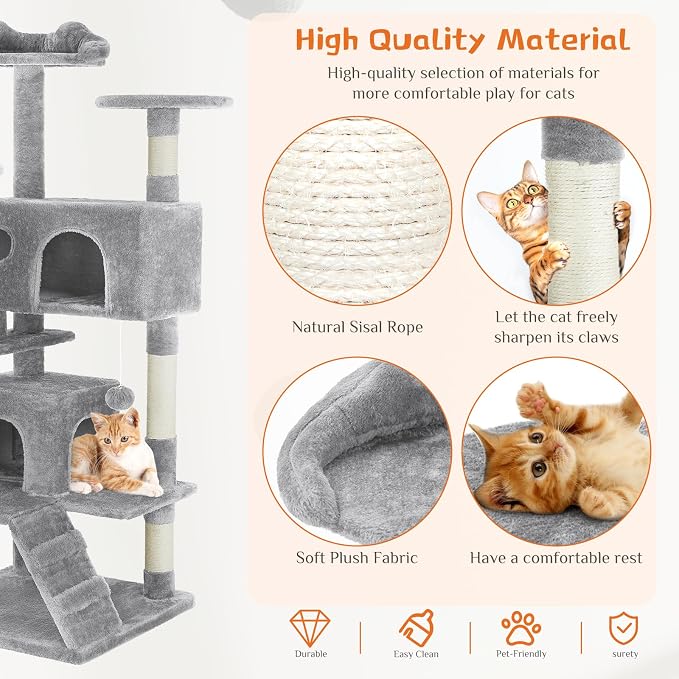 Sweetcrispy 54-inch Cat Tree Tower with Scratching Posts, Indoor Use | Multi-Level Indoor Cat Tree Condo with Climbing Ladder, Plush Toy, Play House for Kitten, Light Grey