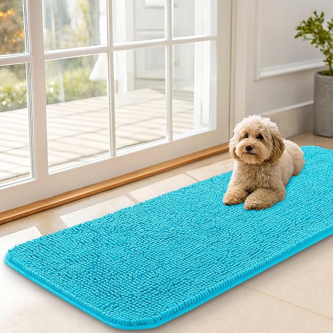 OLANLY Dog Door Mat for Muddy Paws 47x17, Super Absorbent Chenille Mud Mat | Aqua Blue, Absorbs Moisture and Dirt, Non-Slip Machine Washable Doormat, Quick-Drying Indoor Entryway Floor Carpet for Dogs