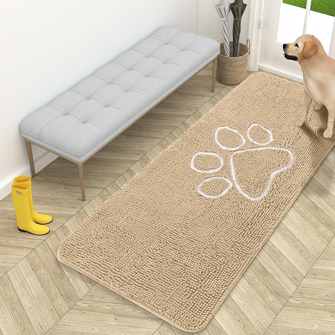 OLANLY Dog Door Mat for Muddy Paws 59x24, Paw Print Design Chenille Mud Mat | Beige, Absorbent, Traps Moisture and Dirt, Non-Slip Washable Doormat, Quick-Drying Indoor Entryway Floor Carpet for Dogs